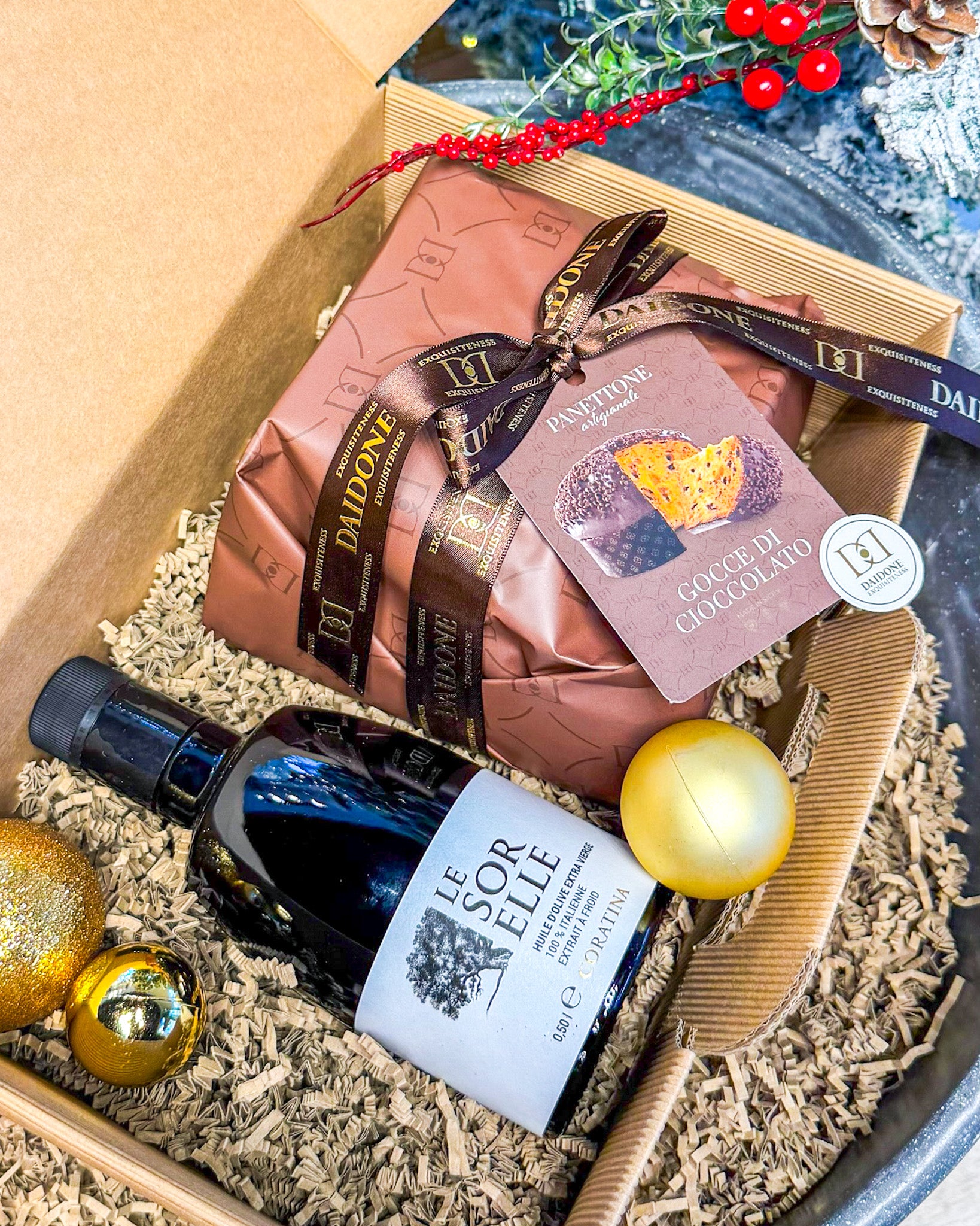 Coffret huile d'olive Coratina - Panettone Artisanal aux pépites de chocolat